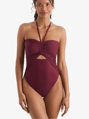 NWT‎ Mimi Flamingo Luma One Piece Swimsuit Henna Burgundy Halter Swim Bandeau 12